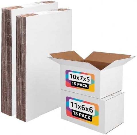 EXYGLO 30 Pack 10x7x5, 11x6x6 Assorted Sizes Shipping Boxes for Small Business, Each Size 15 Pack, White Corrugated Cardboard Small Box for Packaging, Moving, Mailing, and Storing by EXYGLO