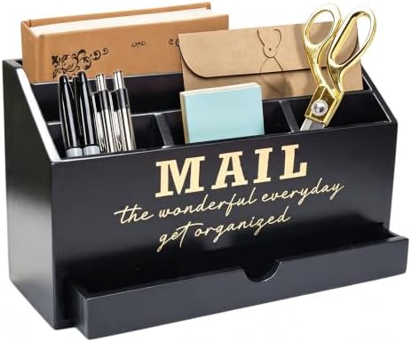 EXQUIDECA Wooden Black Rustic Countertop Mail Storage Holder with Drawer and Compartments - Office Desk Accessories and Workspace Organizers - Desktop Sorter for Pen Stationery Letter Files Documents - Image 6