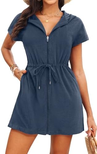Womens Terry Cloth Cover Up Hooded Swim Cover with Zipper and Pocket by Yonique