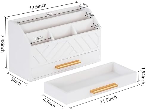 dreampossible white Wood Desk Organizer and Accessories with Drawer, Bill Mail Organizer and File Mail Holder for Office Supplies, Modern Desk Accessories & Workspace Organizers for Desk Organization - Image 3
