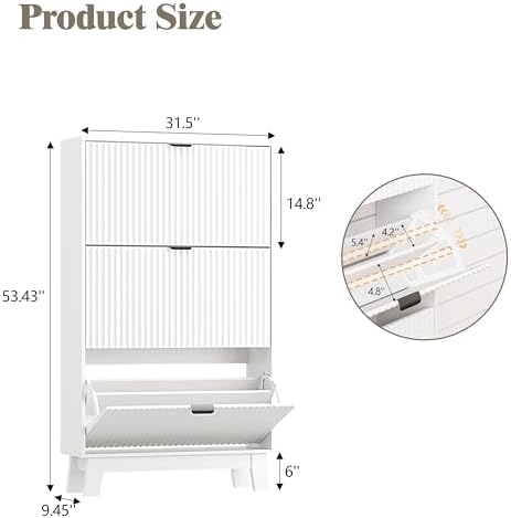 Shoe Cabinet Storage for Entryway with 3 Flip Drawers, Fluted Narrow Shoe Organizer with Wooden Legs, Freestanding Slim Shoe Storage Hidden Shoe Rack Organizer for Front Door Entrance, Hallway, White - Image 2