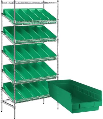 18" x 36" x 74" Heavy-Duty Commercial Chrome Shelving Unit with 25 Green Storage Bins - Metal Wire Utility Shelf for Tool, Office, Garage, and Warehouse Organization - Durable Storage Cabinet by Zedfire