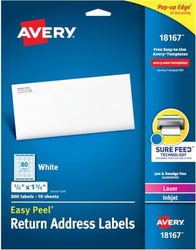Avery White Return Address Labels | Printable | Sure Feed Technology | Permanent Adhesive | 800 Labels, Pack of 5 by Avery