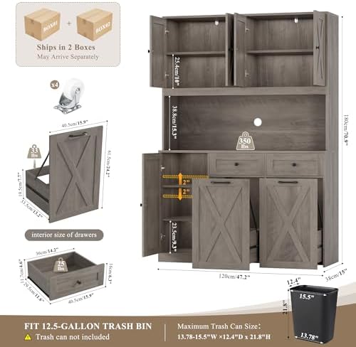 HOSTACK 71" Kitchen Pantry with 12.5 Gallon Double Trash Can Cabinet, Grey - Image 3