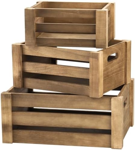 Lawei Set of 3 Wood Nesting Storage Crates with Handle, Rustic Farmhouse Decorative Wooden Crates Distressed Crates Storage Container for Display, Large Vintage Wood Decor Crates Wooden Baskets by ENJOYEVERYMOMENT