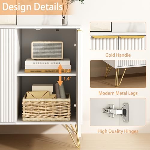 Storage Cabinet with 3 Fluted Doors and Adjustable Shelves, White丨Modern Wood Accent Table, Sideboard Buffet Cabinet, Console Table for Living Room, Hallway, Entryway - Image 4