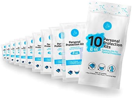 All-in-One Personal Protection Kits to GO - 10 Pack - With Plastic Gloves, Hand Cleansing Wipes, Disposable Face Mask by KitUSafe
