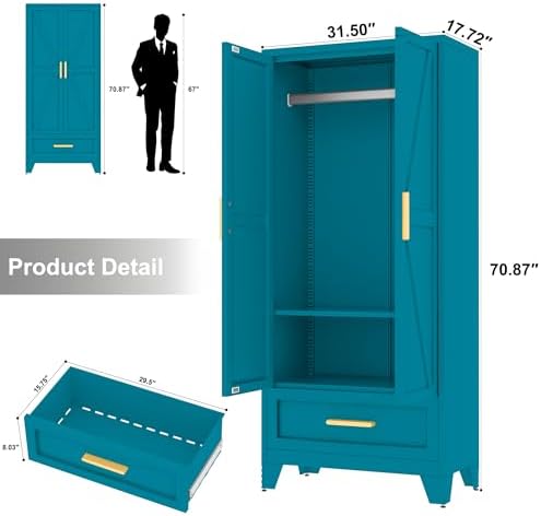 Baborokic Metal Wardrobe Cabinet,71 Armoire Wardrobe Closet with Drawers and Hanging Rod,Metal Armoire with Adjustable Shelves for Closet,Bedroom,Farmhouse Storage Cabinet with Drawer(Blue) - Image 3