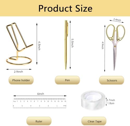 suniya Office Supplies,Gold Desk Accessories,with Stapler,Tape Dispenser,Pen Holder,Scissors,Phone Stand,Staple Remover,Ballpoint Pen,Clear Tape, Staples,Ruler,Clips,Best Gift for Business or Boss - Image 6
