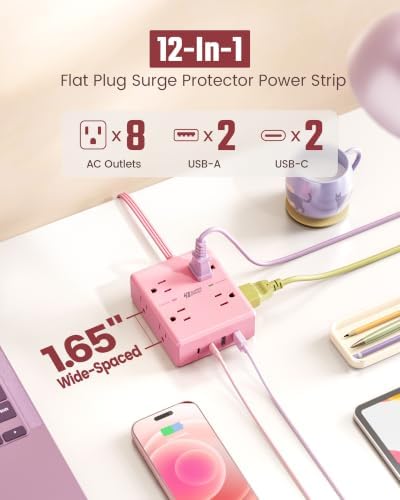 SUPERDANNY Pink Extension Cord 10Ft, Flat Plug Power Strip Surge Protector - Image 2