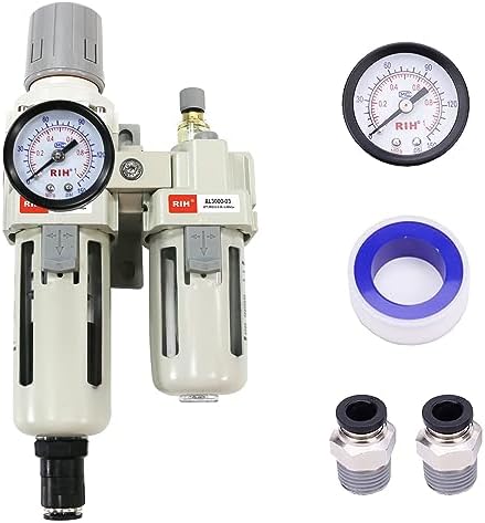 RIH Pneumatics Compressed Air Filter Regulator Lubricator Combo Water/Oil Trap Separator - Gauge(0-150 psi), Semi-Auto Drain, Poly Bowl,Bracket - 3 in 1 Two Unit (3/8“ NPT Auto Drain) by RIHRightPneumatic