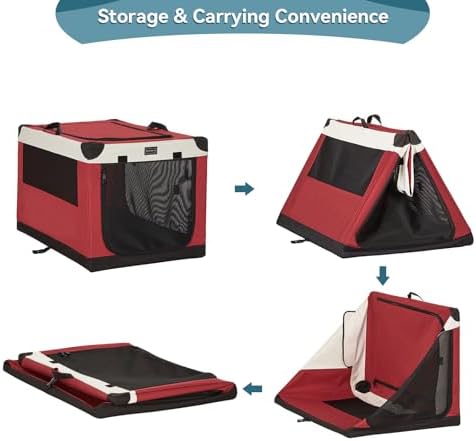 PETSFIT 40" Soft Portable Dog Crate – Patented Spiral Sturdy Frame, Collapsible Travel Kennel for Large Dogs, 3 Mesh Door, Lockable Zippers, Indoor & Car Use Red - Image 6