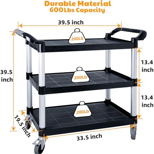 Utility Carts with Wheels, Large Size 3 Tier Rolling Cart with Lockable Wheels, Heavy Duty 600lbs Capacity Food Service Cart for Restaurant, Kitchen, Home, Warehouse, Office - Image 4