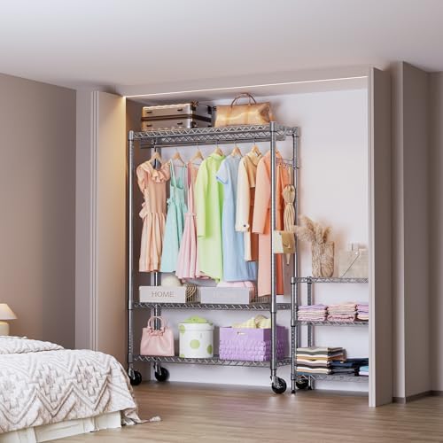 IZEUK Heavy Duty Rolling Garment Rack Wire Clothes Rack for Hanging Clothes (Chrome, 3 Tier with 2 Rod, 15.7" D x 45.3" W x 75.6" H) - Image 4