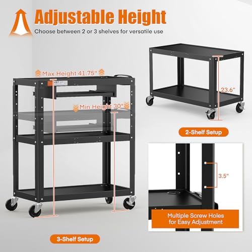 Extra-Large 3-Tier Utility Cart with Built-in Power Strip – Heavy-Duty 14-Gauge Steel Rolling Cart for Office, Workshop, or Classroom – 300 Lb Capacity (34" x 18" x 41.75") - Image 4
