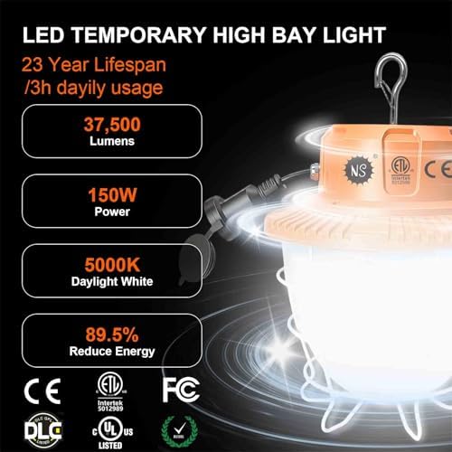 150W Temporary Work Light 360° Area 37500LM 5000K Light for Jobsite, IP65 Hanging Work Light with Hook, 3300 sq.ft Coverage Portable Construction Light for Garage Warehouse Workshop - Image 2