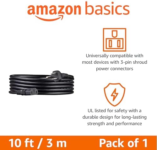 Amazon Basics Replacement Power Cord for Computer, Monitor, TV, Printer, PC, 3 Prong, 18 AWG, 125 Volts, 10 Feet, Black - Image 2