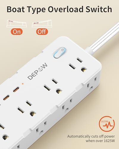 DEPOW 10Ft Extension Cord,Flat Plug Power Strip,8 AC & 4 USB Ports (2USB C) - Image 5