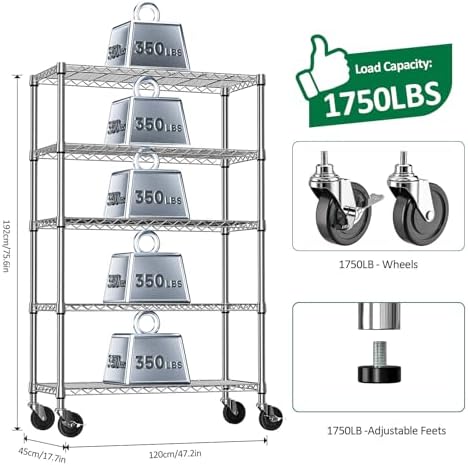 IZEUK 5-Tier Storage Shelving Unit with Wheels, Adjustable Heavy Duty Steel Wire Rack Organizer (Chrome, 17.7" D x 47.2" W x 76.7" H, 1750 lbs Capacity) for Garage, Kitchen, Pantry, Laundry, Basement - Image 3
