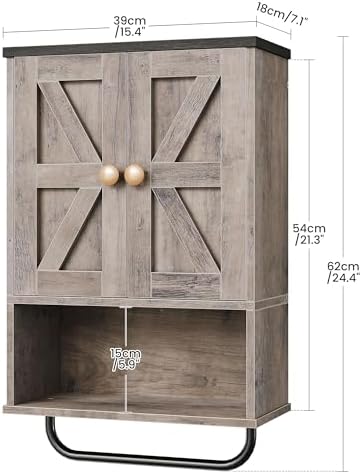 CHOEZON Bathroom Wall Cabinet, Medicine Cabinet with Open Partition and Towel Bar, Rustic Storage Cabinet with Open and Hidden Storage Space, for Bathroom, Living Room, Greige and Charcoal Black - Image 3