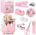 SKYDUE Pink Office Supplies Set, Pencil Holder for Desk,Gel Pen, Stapler, Tape Dispenser, Scissors,Clips and 1000pcs Staples, Office Decor for Women, Pink Desk Accessories by SKYDUE
