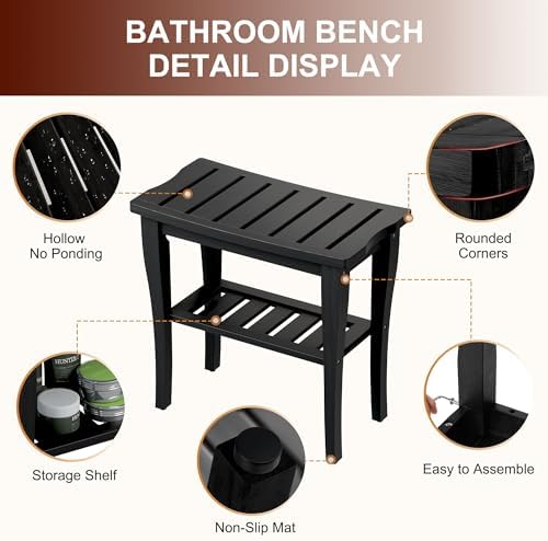 Bamboo Shower Bench Stool with Storage Shelf, Waterproof Shower Chair Spa Bath Seat, Shower Stool for Inside, Bathroom Bench Seat for Adults Elderly Seniors for Indoor or Outdoor Use(Black) - Image 3