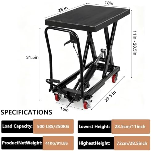 1100 LBS Manual Hydraulic Double Scissor Lift Table Cart, Max 28.5 Inch Lifting Height, Reinforced Welded Steel Frame, Anti-Overload Hydraulic Unit, Non-Slip Rubber Platform Mat - Image 7
