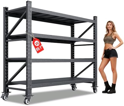 55.1” Wide Heavy Duty Metal Garage Shelving, Steel Shelf with Wheels by AFAIF
