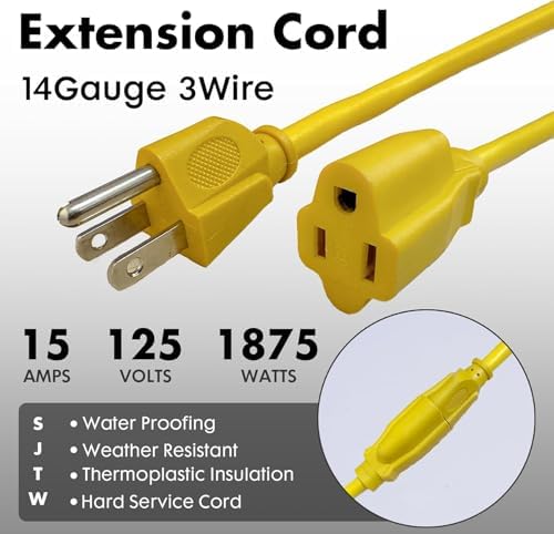 3 Ft Yellow Outdoor Extension Cord, 14 Gauge Heavy Duty Power Cord - Image 2