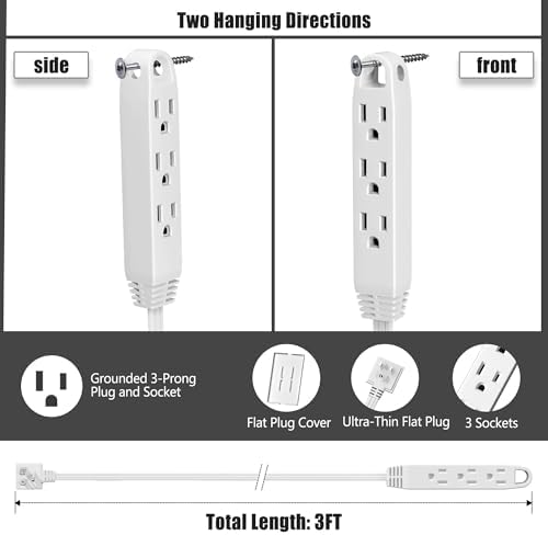 CABOCASA 2 Pack 3FT Flat Plug Extension Cord Power Strip, White - Image 2