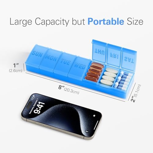 Barhon Large Weekly Pill Organizer, Big Vitamin Organizer Case for 7 Day, Travel Medicine Pill Box to Hold Various Supplements and Fish Oil, Light Blue - Image 7