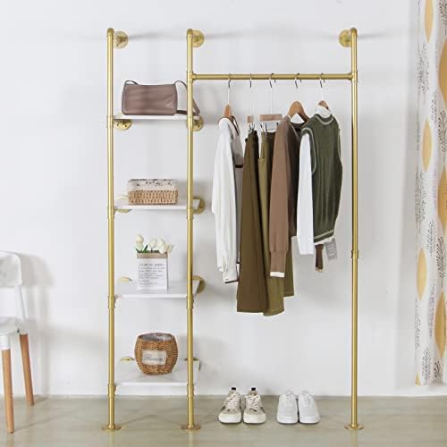 Garment Rack Heavy Duty Clothes Rack for Hanging Clothes, Metal Freestanding Closet Wardrobe Shelf, Gold Industrial Pipe Clothing Racks with Shelves Closet Rods System by EDCB