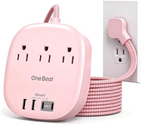 Cruise Ship Travel Essentials, 22.5W/4.5A Flat Plug Power Strip, Pink by OneBeat