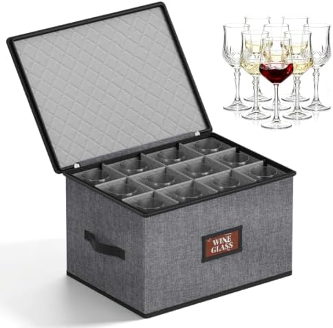 MISSLO Stackable Wine Glass Storage Box with Dividers Hard Shell Stemware Storage Containers for 12 China Crystal Glasses Drinkware, Moving Supplies, Grey by MISSLO