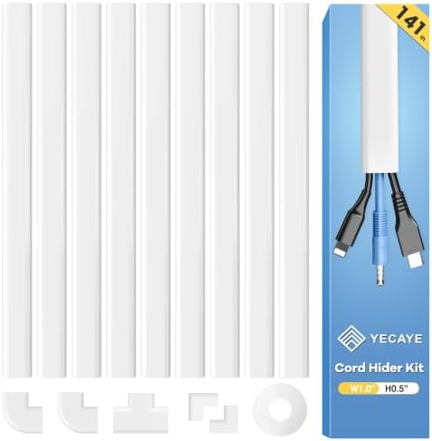 141in Cord Hdier for Wall, Paintable Wire Covers for 2 Cords TV on Wall, Medium Cable Management Kit, Cable Hiding for Wall White, W0.95in H0.47in by Yecaye