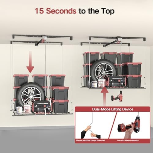 Overhead Garage Storage Rack for 10–12 FT Ceiling, Heavy-duty 4x4 FT Ceiling Storage Racks with Safety Lock, Ideal for Garage Storage Mounted Lift System and Storage Organizer, 250lbs Capacity - Image 7