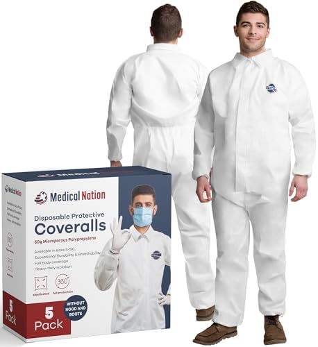 Hazmat Suits Disposable | 5 Pack, 5X-Large | Non-Hooded Protective Coveralls - Heavy Duty Full Body Painters Suit for Men & Women Without Hood - Breathable & Water Resistant - 5XL by MEDICALNATION