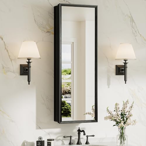 TokeShimi 12 x 36 Black Recessed Medicine Cabinet with Mirror, Assembly Required, Bathroom Medicine Cabinet with Mirror, Stepless Adjustable Shelves, Beveled Aluminum Frame, DTC Hinge by TokeShimi