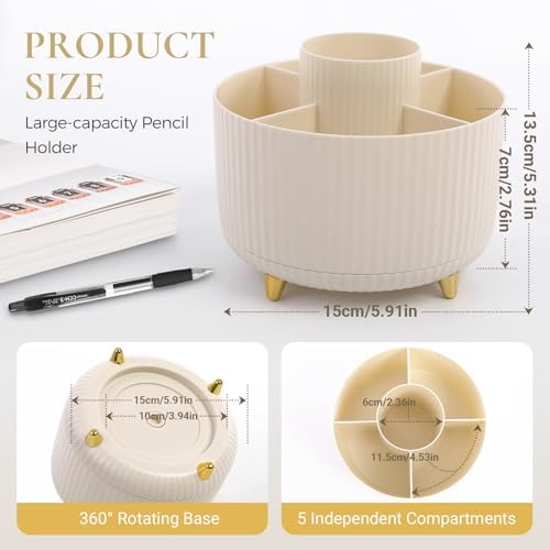 KONVINIT Pencil Pen Holder for Desk, 5 Slots 360 - Degree Rotating Desktop Organizer, Cute Desk Organizers and Accessories for School, Home, Office and Art Supply, Beige - Image 2