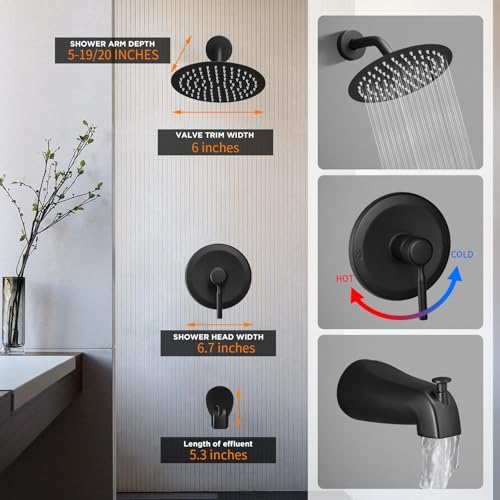Tub Shower Faucet Set Valve Included with 6-Inch Rain Shower Head and Tub Spout Single-Handle Tub and Shower Trim Kit Matte Black - Image 3