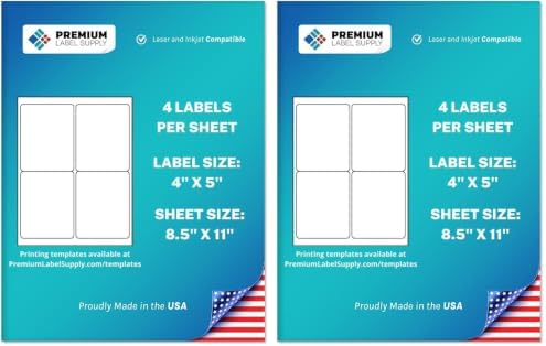 Premium Label Supply White Sticker Shipping Labels – 4" x 5" – Laser/Inkjet Compatible – (4 per Sheet), 25 Sheets - 100 Total Adhesive Labels (Pack of 2) by PremiumLabelSupply