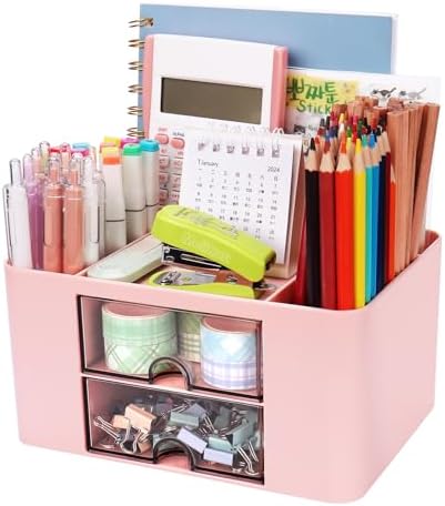 Meiikun Plastic Pen Organizer, Multifunctional Desk Organizer with 2 Drawers, 4 Compartments & a Top Tray, Pencil Holder Desktop Organizers and Accessories for Office, 7.7" x 5.5" x 3.9" (Pink) by Meiikun