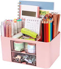 Meiikun Plastic Pen Organizer, Multifunctional Desk Organizer with 2 Drawers, 4 Compartments & a Top Tray, Pencil Holder Desktop Organizers and Accessories for Office, 7.7" x 5.5" x 3.9" (Pink) by Meiikun