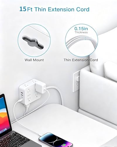 15Ft Long Extension Cord with Ultra-Thin Flat Plug, 8 Widely Spaced Outlets - Image 7