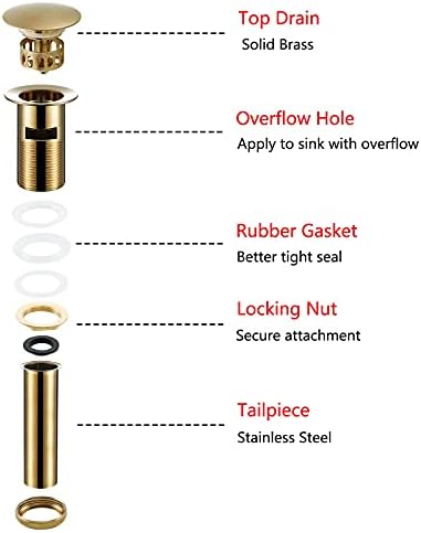 Bathroom Sink Drain Brushed Dark Gold Pop Up Drain With Overflow,Brass Drain Push Pop for Vessel Sink Drain Stopper with Removable Brass Strainer Basket,83606-1CB. - Image 3