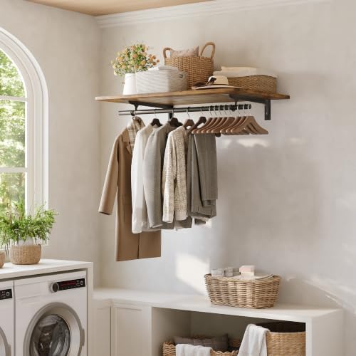IAE Wall Mounted Clothes Rack with Shelf and Hanging Rod, 36x24in,Rustic by IAE