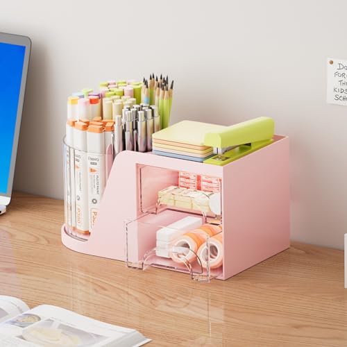 Marbrasse Desk Organizer with 2 Drawer, 360°Rotating Pen Holder, Desk Organizers and Accessories with 6 Slots Pencil Organizer + 2 Drawer, Art Supply Storage Box Caddy for Office (Pink) - Image 4