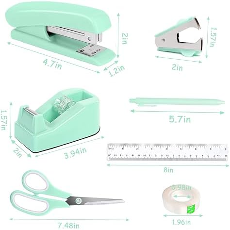 Dimonluce Green Office Supplies, Teal Desk Accessories Accessories with Tape Dispenser, Stapler, Staple Remover, 1000 Staples, Tape, Clips Set, Ruler, Scissor, Pen - Image 6