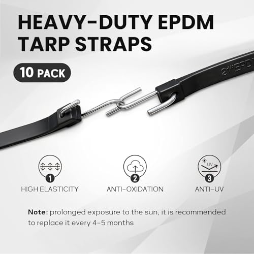ROBLOCK 21" Rubber Tarp Straps with 150% Max Stretch, 100% EPDM Bungee Cords with Metal Crimped S Hooks, Ideal for Securing Tarps, Cargo, Canvases, Weatherproof (10 Pack) - Image 5