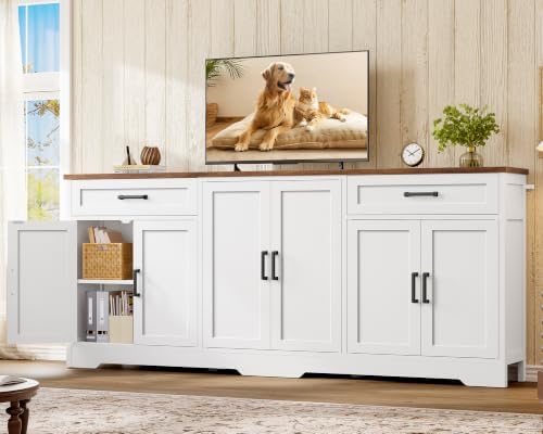 usikey 71" Buffet Cabinet with Storage, Large Sideboard Cabinet with 2 Drawers & 6 Doors, Modern Farmhouse Coffee Bar Cabinet, White - Image 6